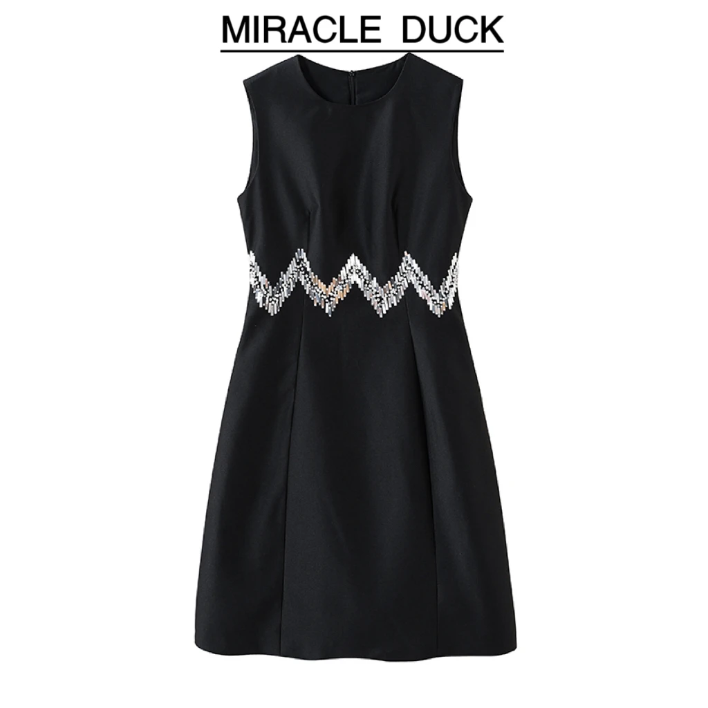 1号【高定小黑裙】夏季气质名媛钉珠收腰显瘦无袖女装连衣裙C1104