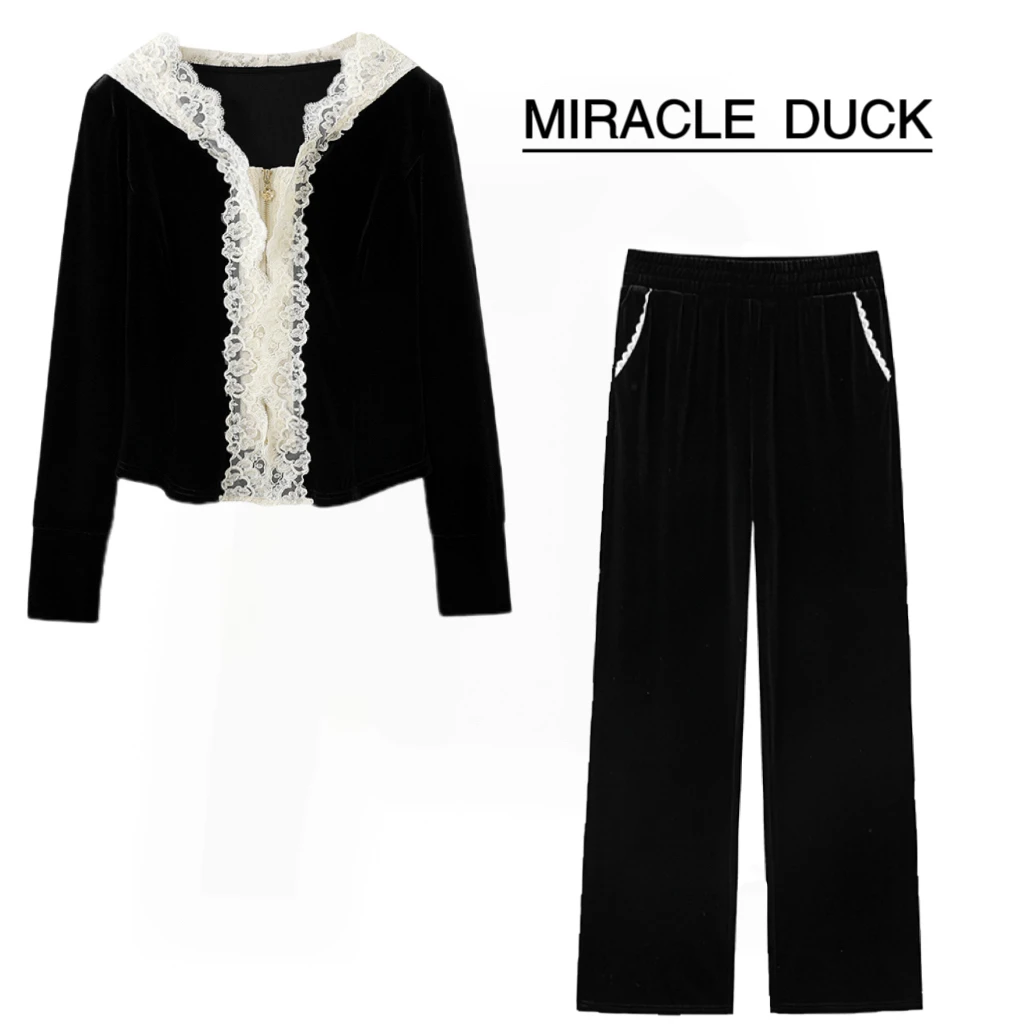 【乌木沉香】秋冬新款时尚蕾丝拼接丝绒外套上衣弹力长裤套装C1363