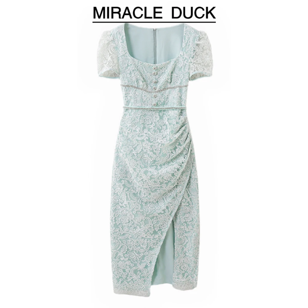 1号【海盐薄荷】 夏季法式轻奢气质蕾丝钉珠收腰女装连衣裙C1136