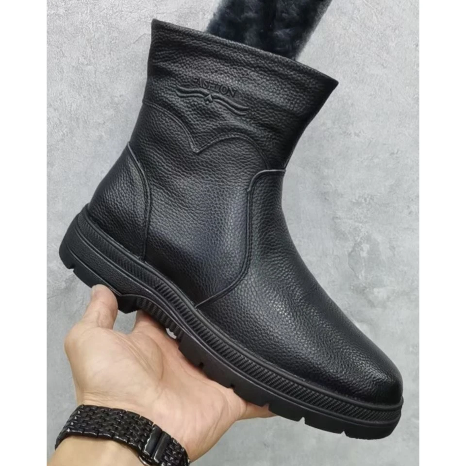 厚底高帮圆头皮毛一体马丁靴男款舒适时尚百搭黑色真皮加绒冬季
