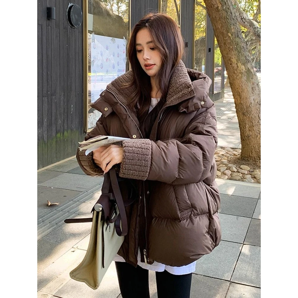 美拉德咖色羽绒棉服女冬季2024新款小个子加厚羊羔毛拼接棉衣棉袄