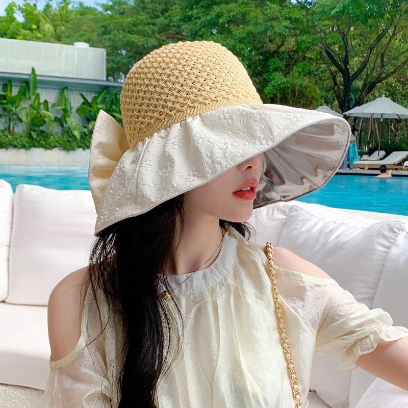 2024韩版帽子女彩胶压花蝴蝶结夏季空顶遮阳帽户外旅游防晒太阳帽
