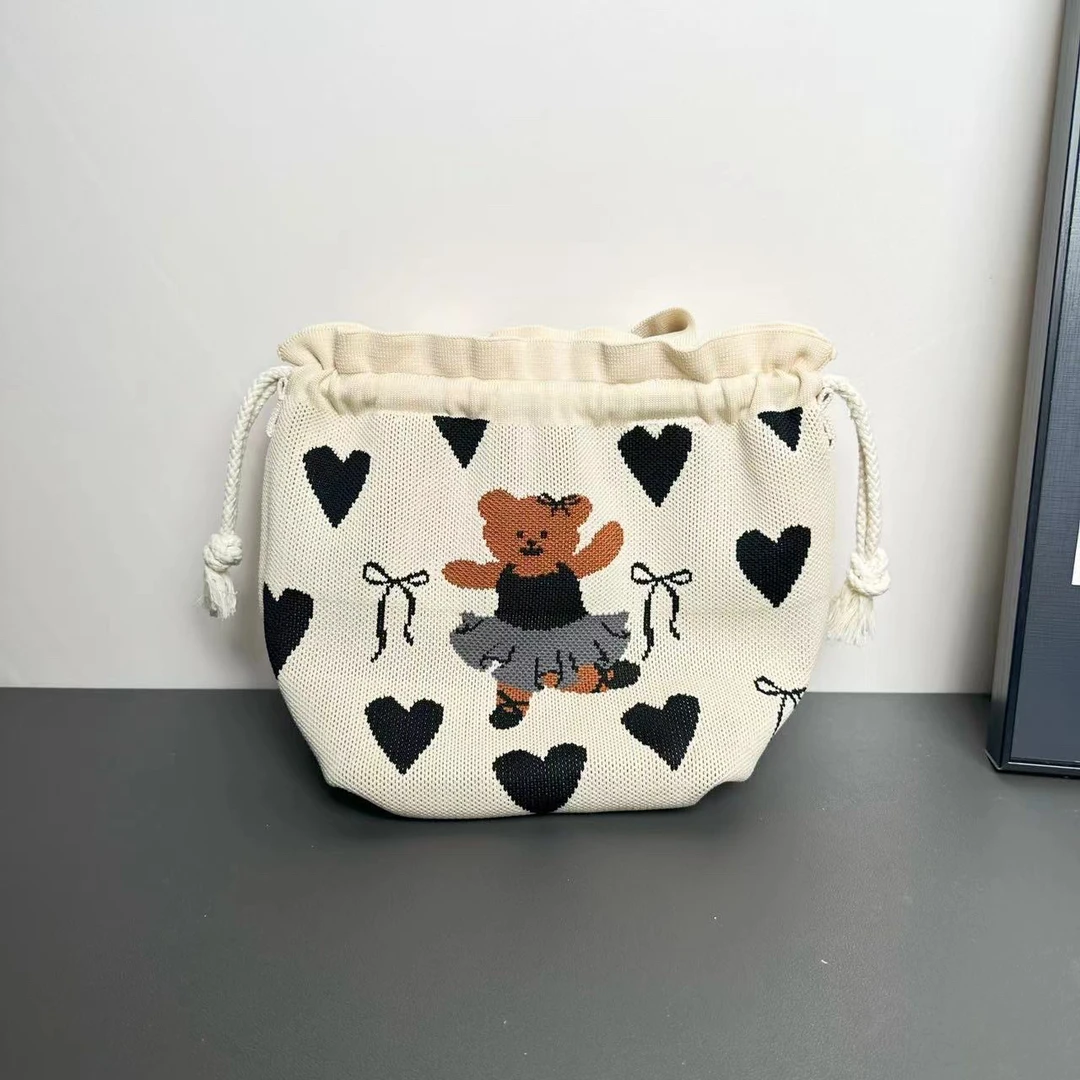 开春针织手拎包大容量复古抽绳福袋包高颜值韩版妈咪包外出便携包