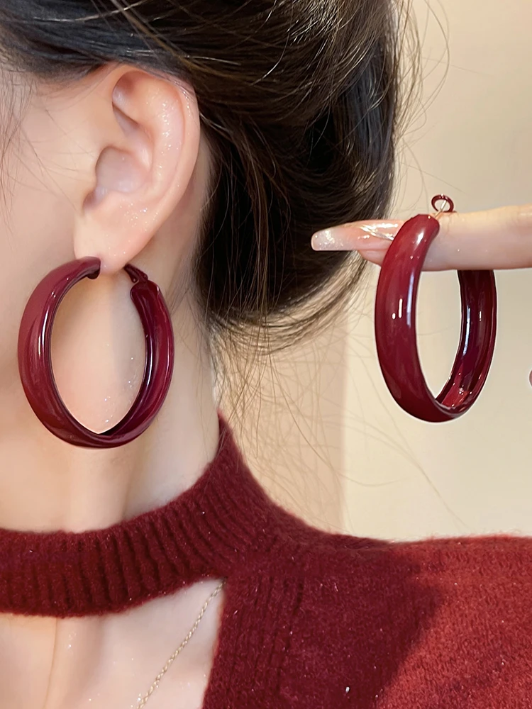 合金耳饰 复古安可拉红宽耳圈耳环女2025新款耳钉气质夸张耳饰秋