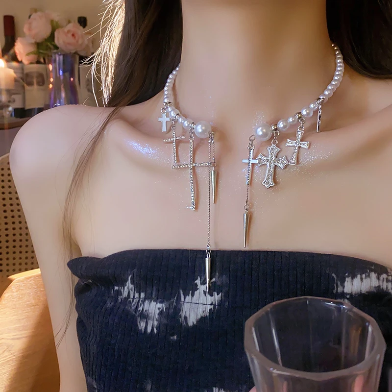 合金仿珍珠项链 欧美轻奢十字架水滴流苏项圈项链锁骨链高级颈链
