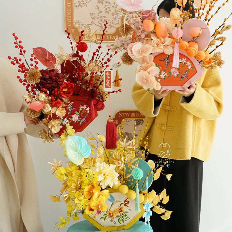 2024新年龙年刺绣扇形花盒插花礼盒手工DIY年宵花盒花店材料