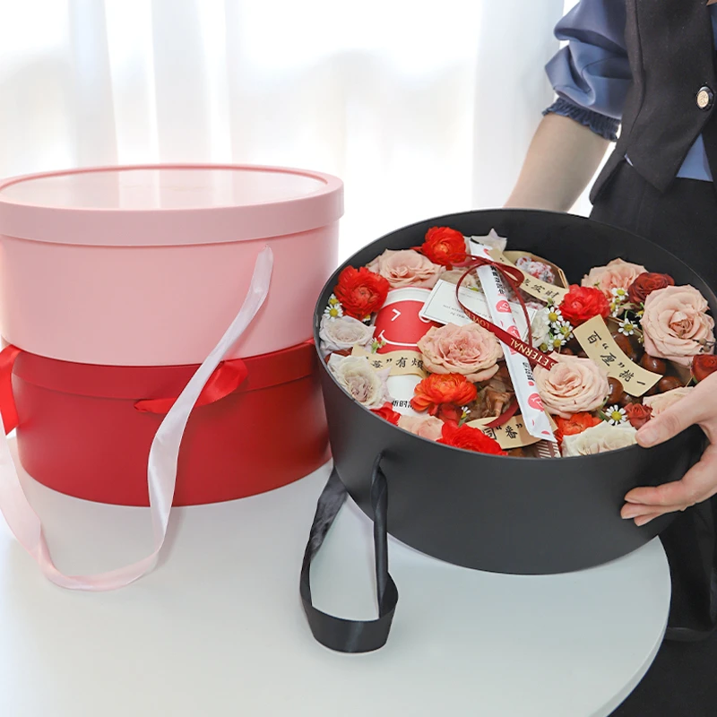 升级款带手提绳防水加厚PVC材质圆形礼盒手提盒花店用品资材