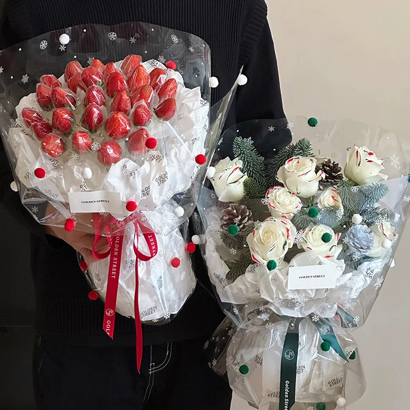 圣诞节新款雪花小毛球透明玻璃纸花束外包装纸花店资材