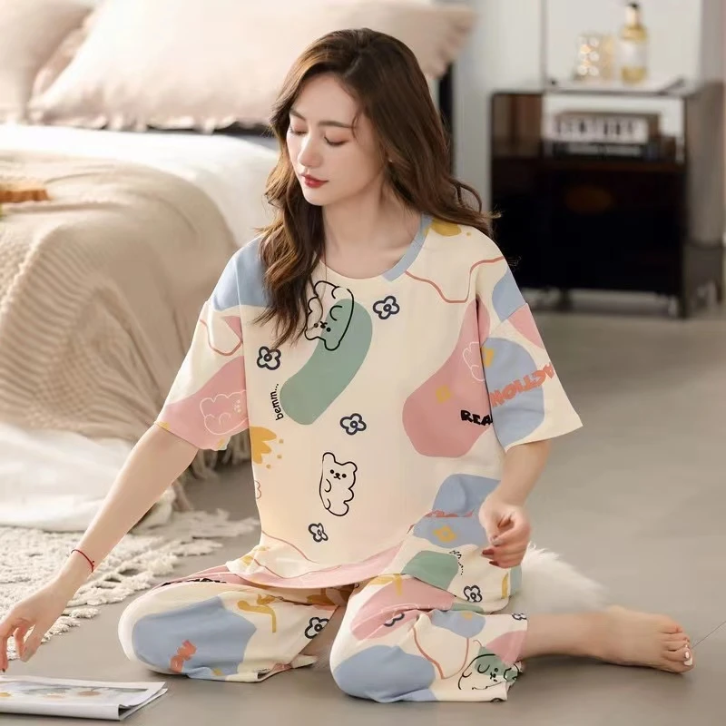睡衣女夏季短袖夏天宽松大码套头可外穿七分裤家居服休闲女套装13