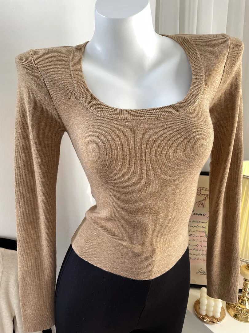 MCREAM SHO秋冬法式正肩U领漏锁骨针织长袖打底衫女 纯色内搭上衣