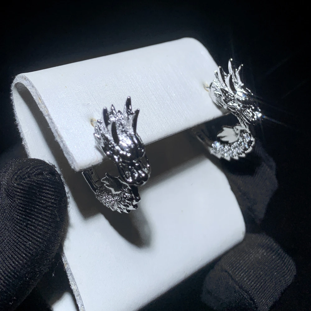 非金属合成锆石耳饰 NLP新款银色男女龙头镶锆石时尚耳环耳饰欧美