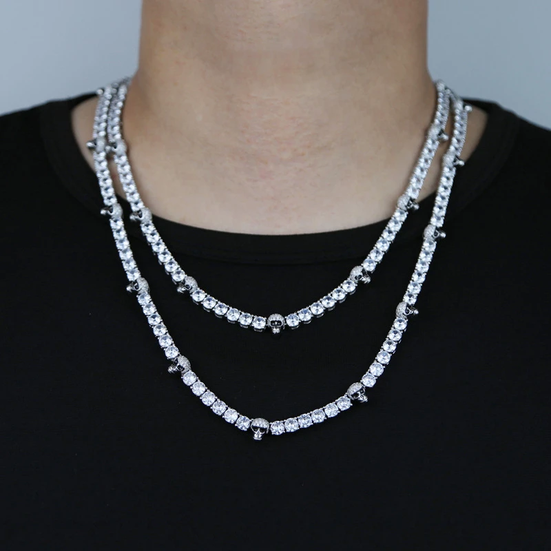 铜陶瓷项链 欧美黑豹款5mm锆石网球链骷髅头项链跨境嘻哈男士