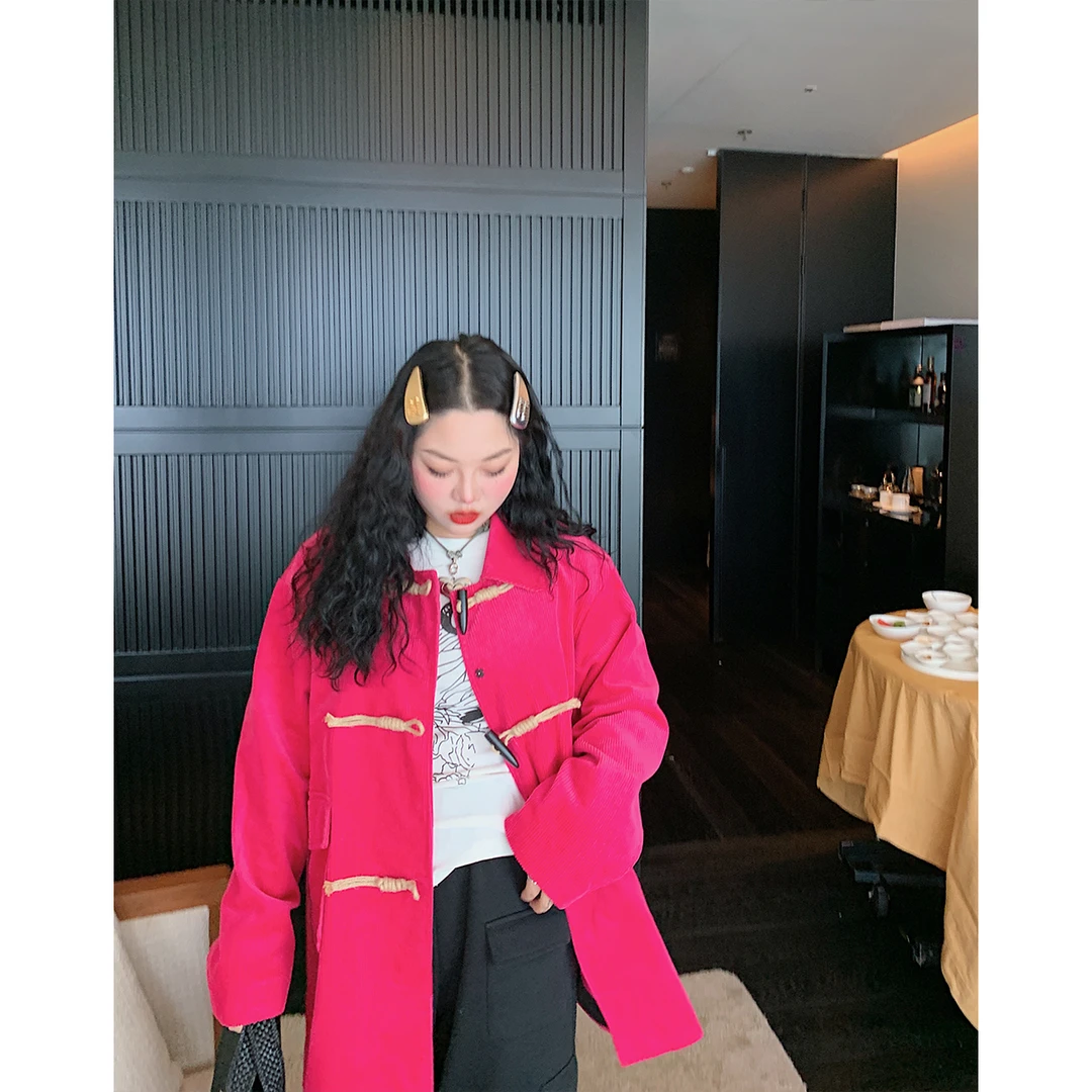 Dazi金大支牛角扣灯芯绒夹棉外套微胖大码韩系0630/1948洋气韩版