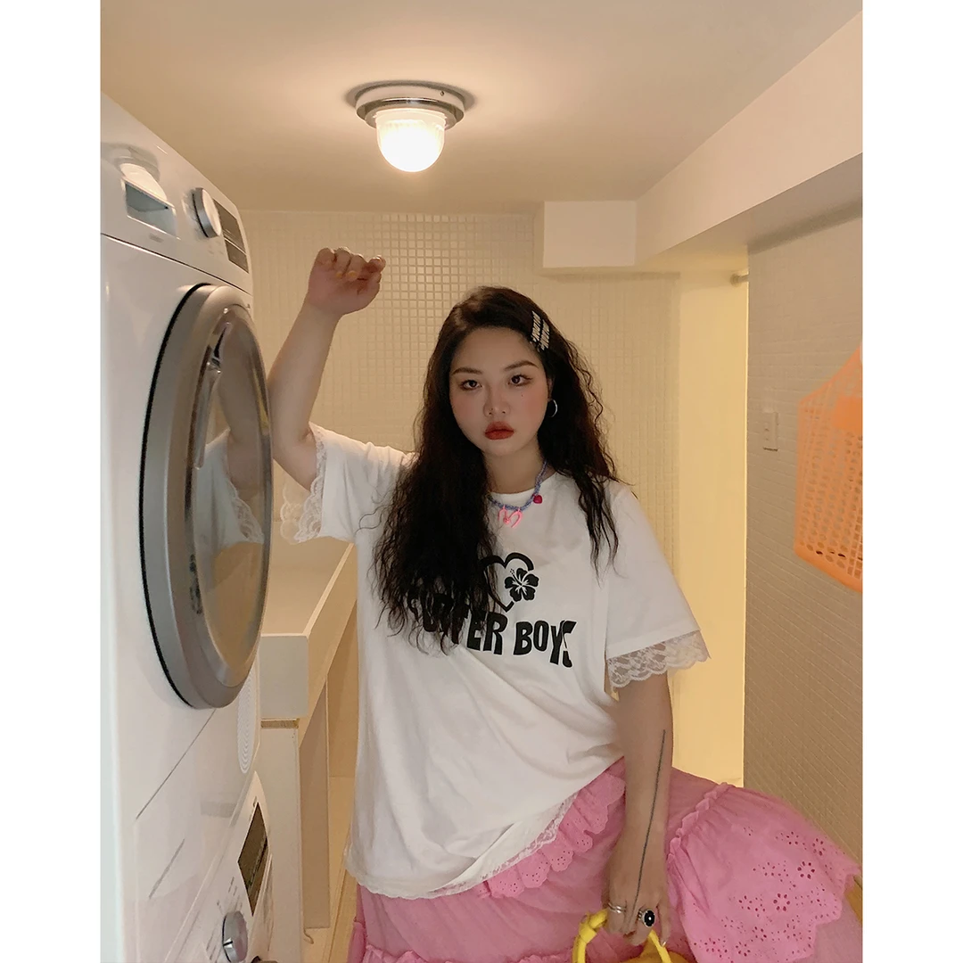 Dazi金大支  微甜少女 爱心蕾丝拼接短袖T恤0630/0286