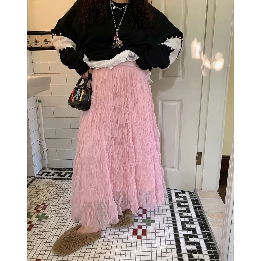 Dazi金大支少女插画师粉色纱纱裙高腰0458中长款气质A字半身裙