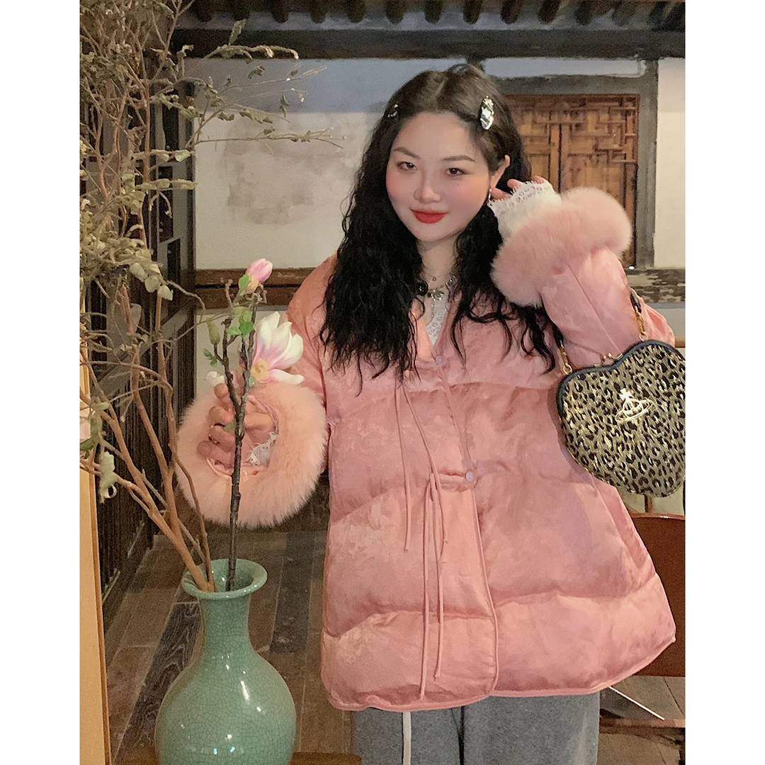 Dazi金大支中国风盘扣狐狸毛羽绒服粉1230/2092中长款宽松