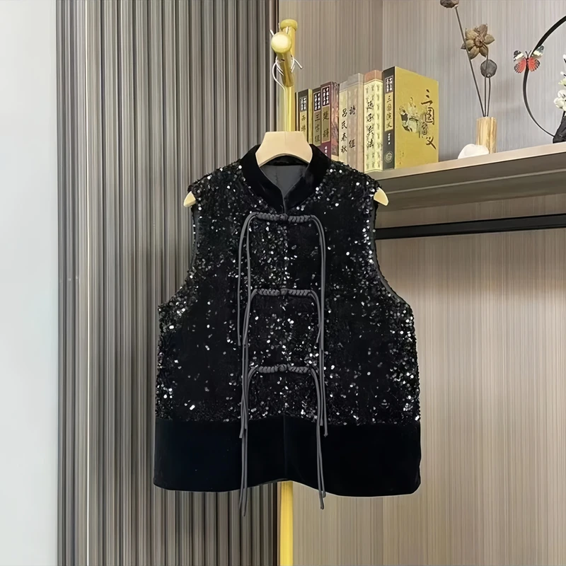 【轻蝶】新中式国风亮片加棉马甲女新款盘扣无袖背心马夹黑色外套