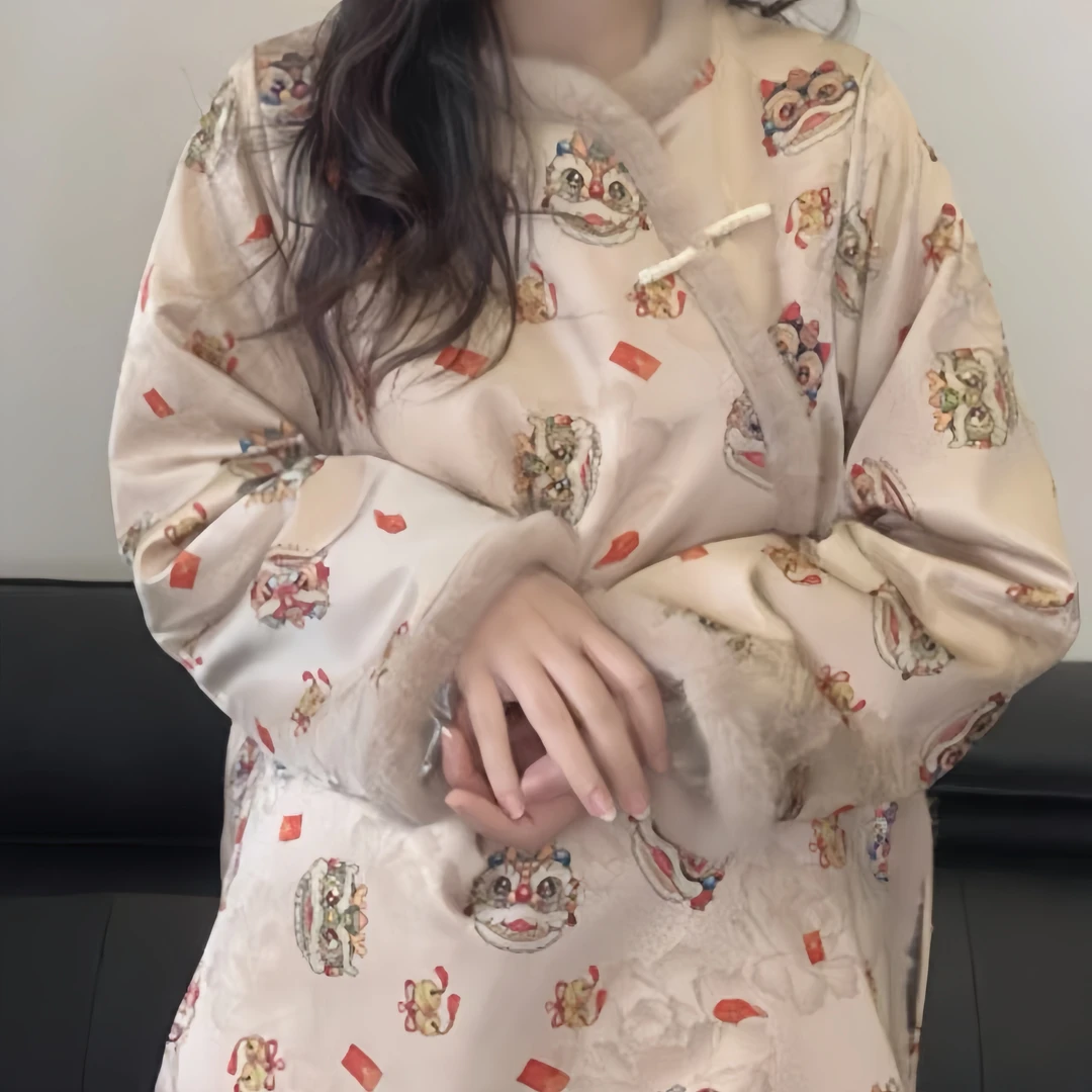 【醒狮】冬季加厚提花过年中长款外套新中式大板宽松圆领毛边女