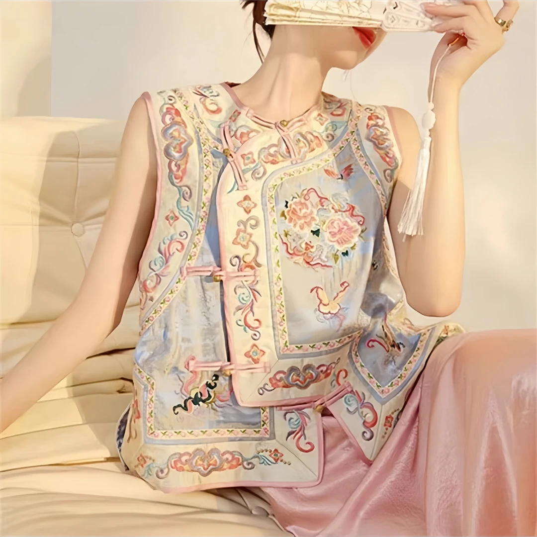 【思久】2024新中式新款国风重工刺绣时尚复古上衣百搭无袖马甲女