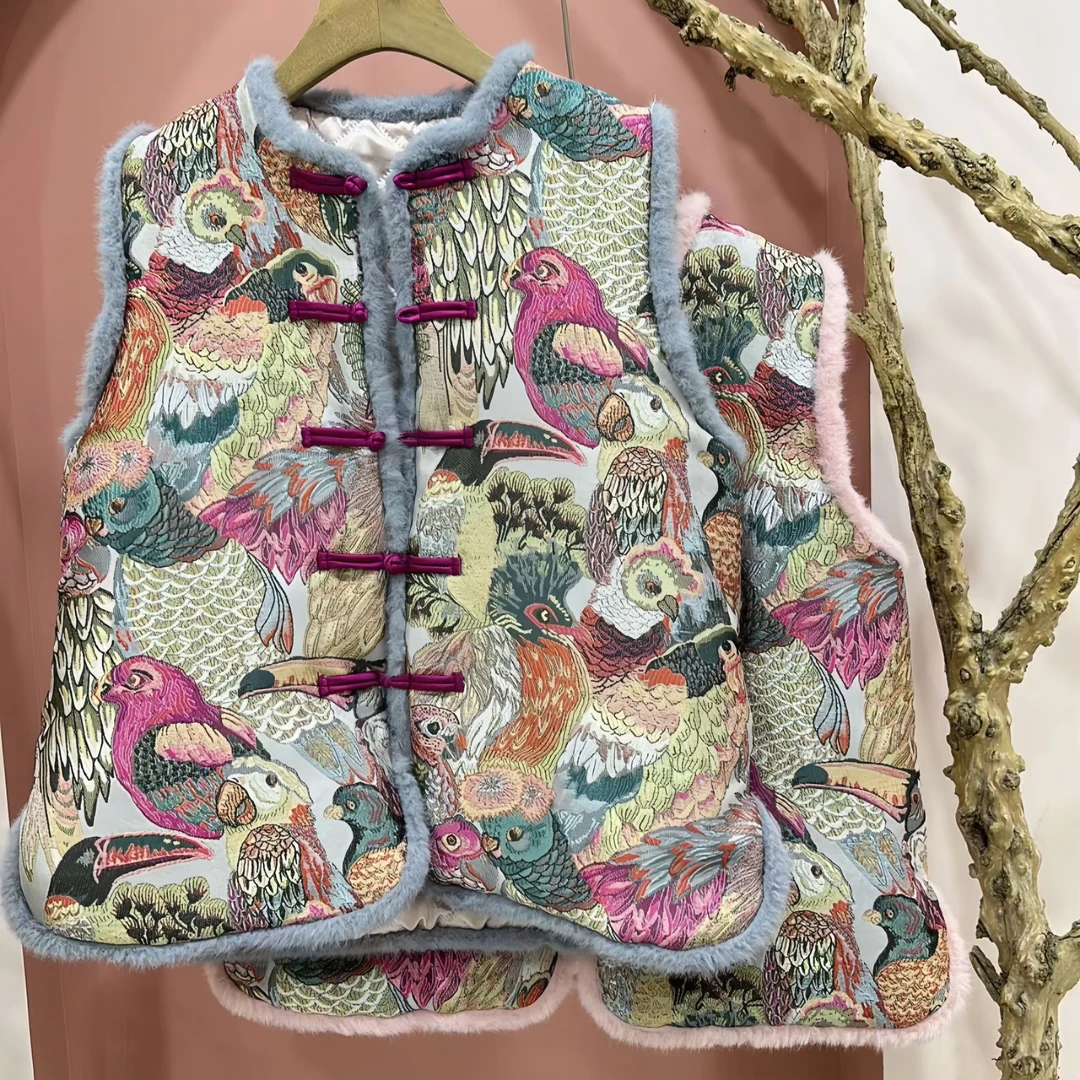 【昭昭】新中式，百鸟朝凤国风秋冬新款绒毛领无袖马甲女