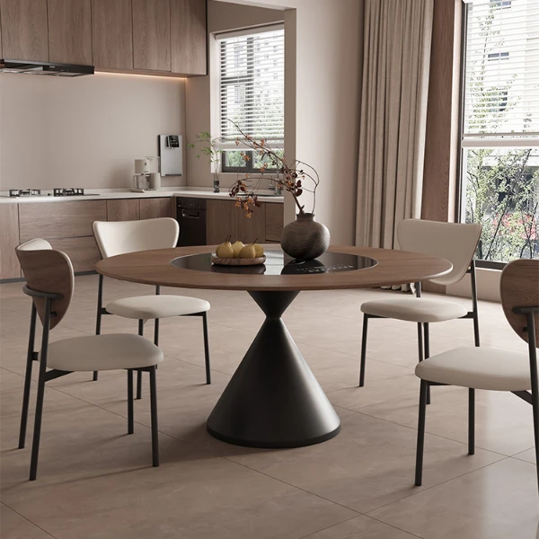 岩板餐桌椅组合2025新款家用小户型客厅碳素钢圆形吃饭餐桌简约风