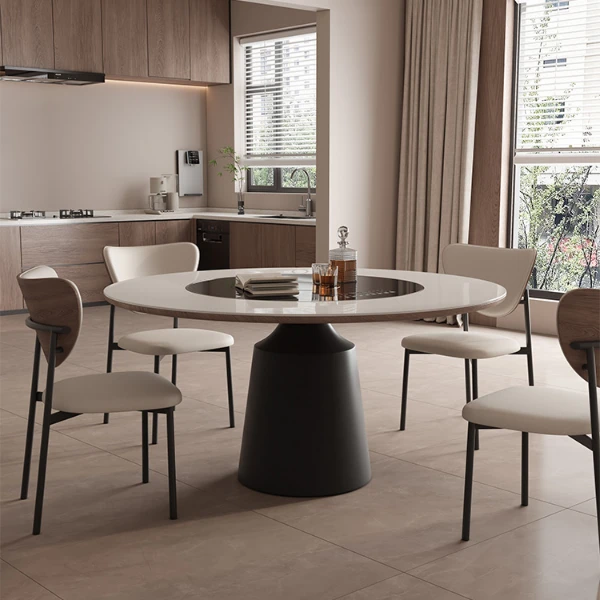 纯白岩板餐桌法式复古进口轻奢现代1.5米圆桌意式6人圆形实木餐桌