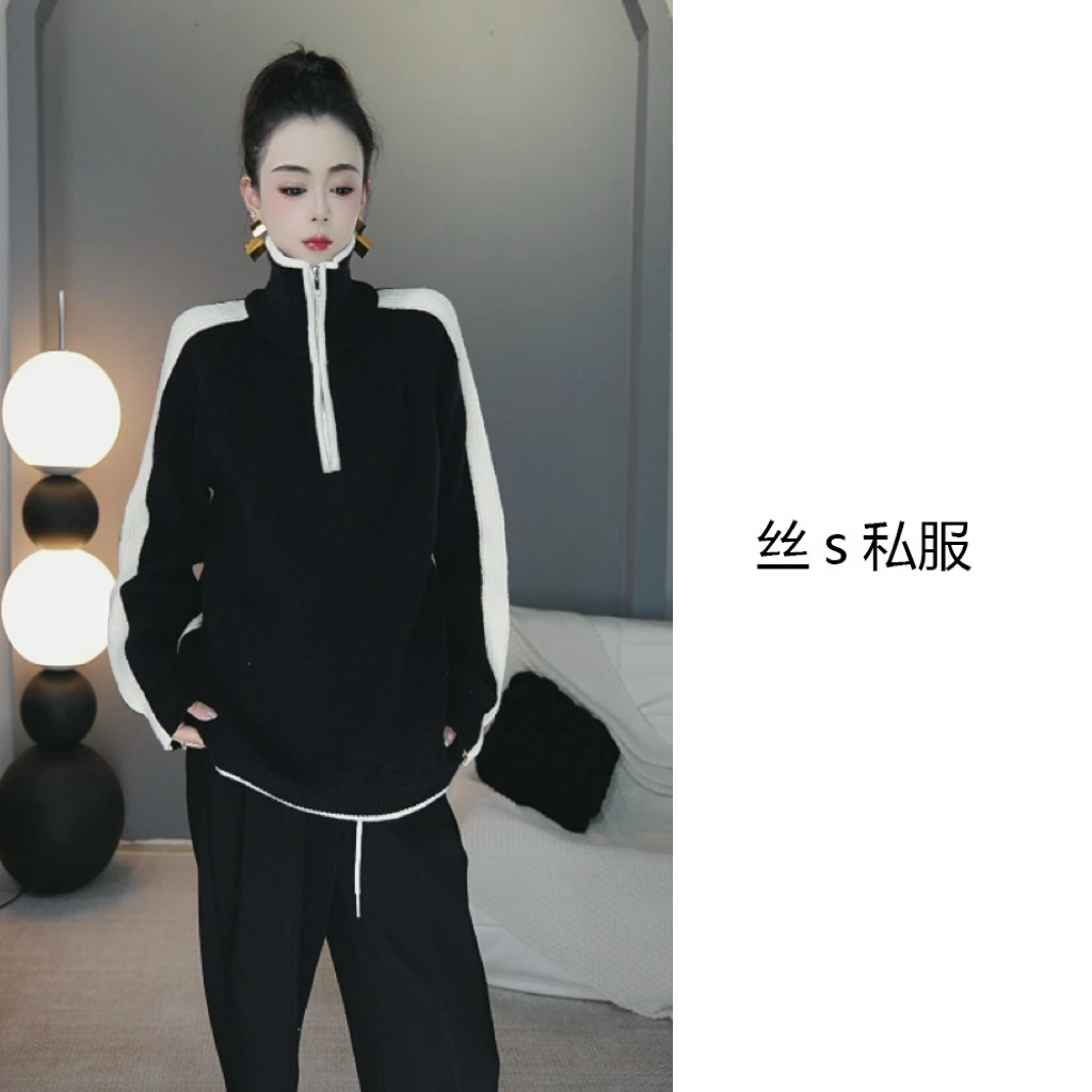 丝s私服【苏格兰】秋冬立领拉链可翻撞色拼接宽松休闲毛衣上衣L6808