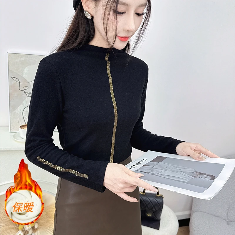 中领冬季保暧加厚长袖珠子上衣打底衫半高领修身显瘦时尚女士