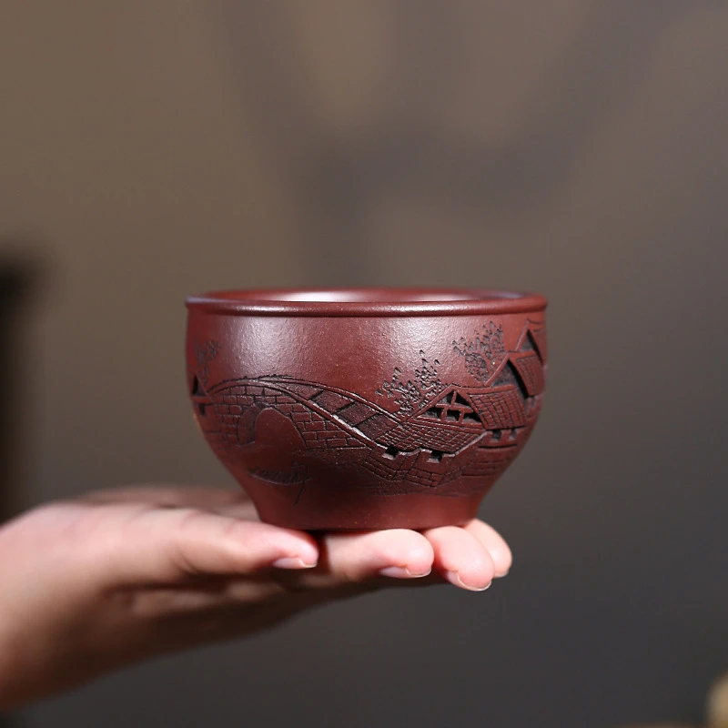 紫砂茶杯陈富才纯全手工镂刻紫泥忆江南主人杯