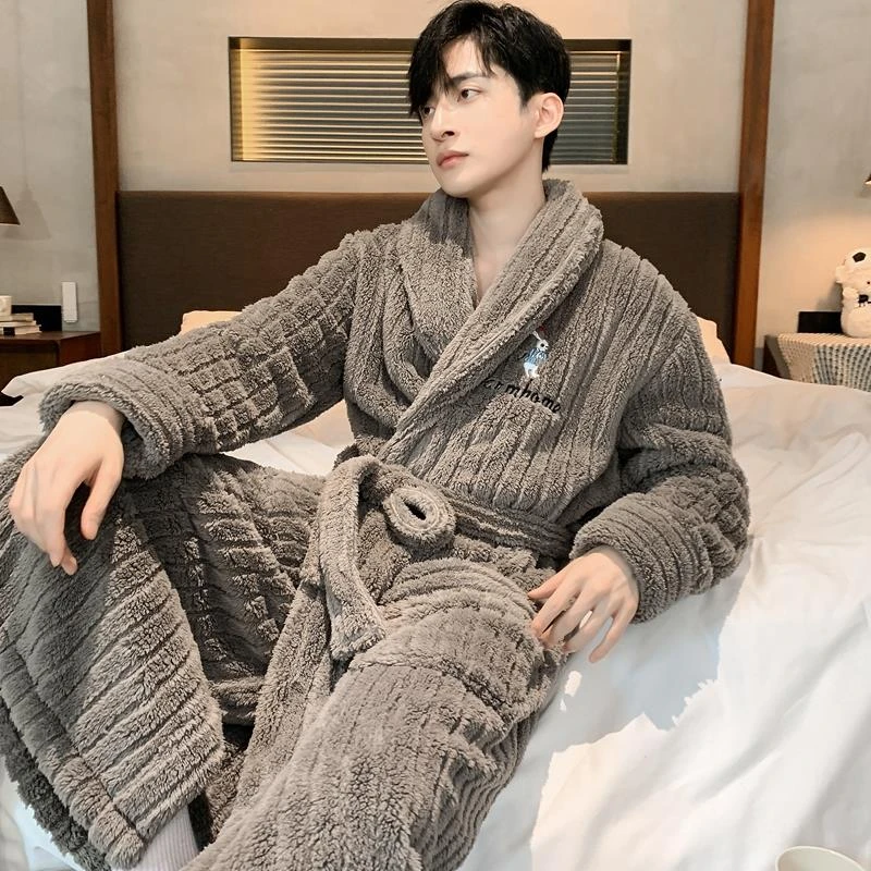 2025秋冬珊瑚绒睡衣男睡袍浴衣长款加绒加厚保暖长毛绒法兰绒浴袍