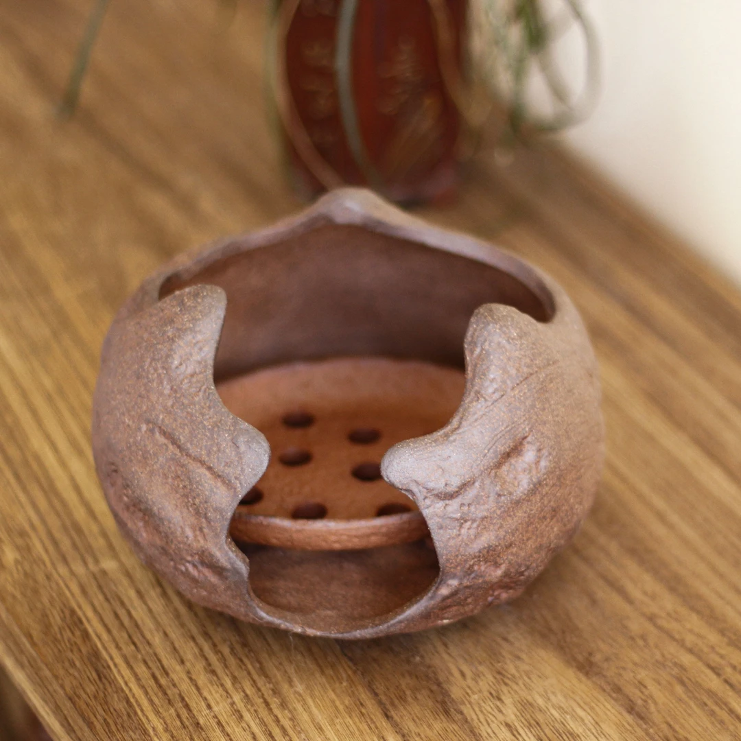 【老岩泥】粗陶圆钵酒精炉加托盘.6303.中式复古温茶煮茶炉可用碳