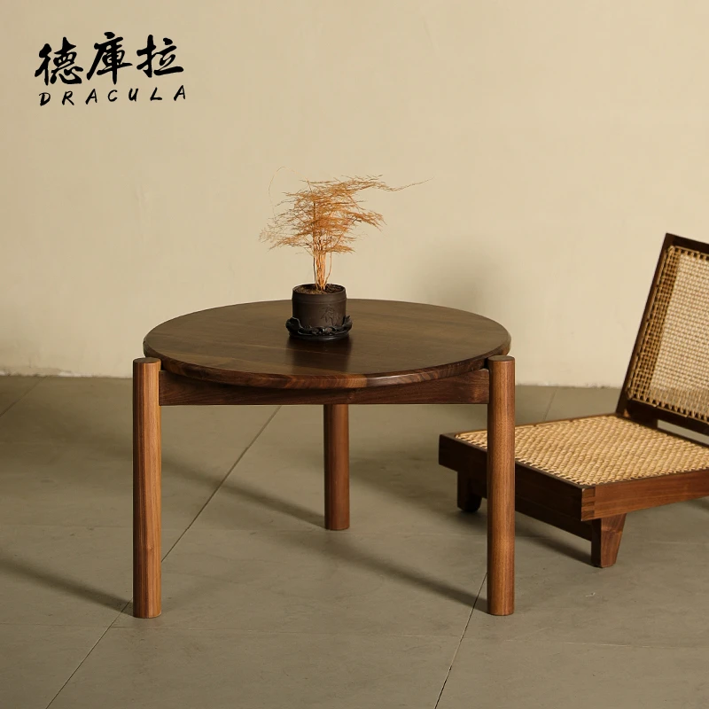 实木圆茶几客厅家用黑胡桃圆桌小户型边几阳台中古边桌现代小茶几