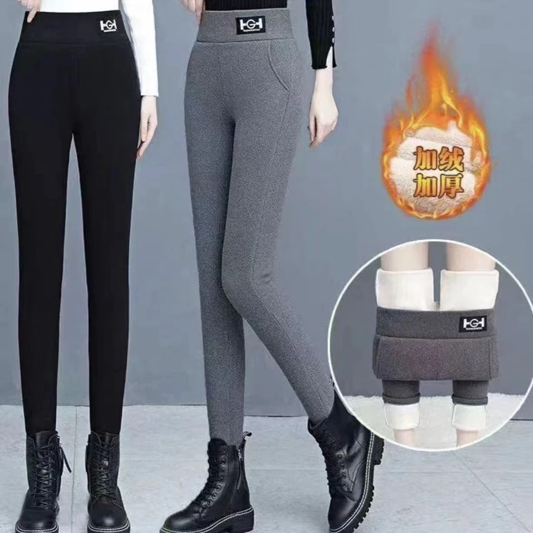新款加绒加厚羊羔绒打底裤女秋冬装外穿高腰小脚裤紧身弹力保暖裤
