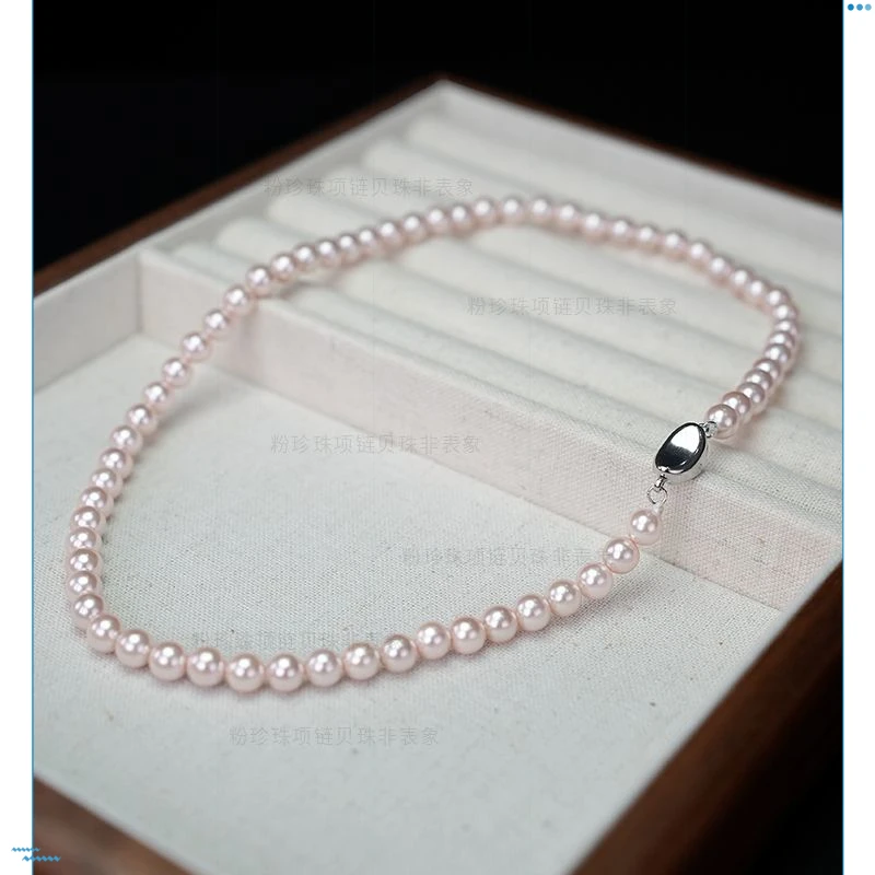 不掉色元宝扣简约法式高级仙女粉色贝珠珍珠项链时尚正圆无暇强光