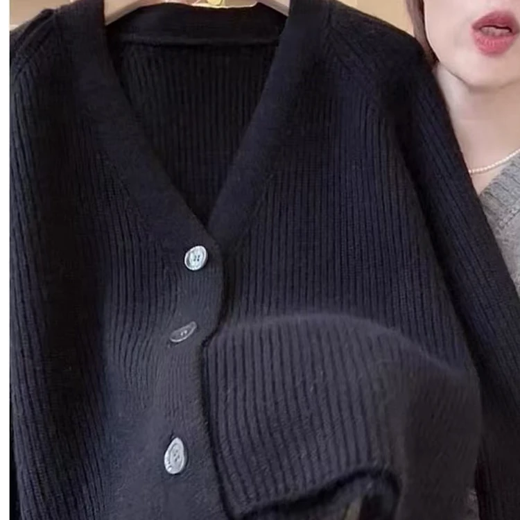 【经典黑】2024新款纯色韩版宽松V领长袖针织开衫女显瘦休闲百搭