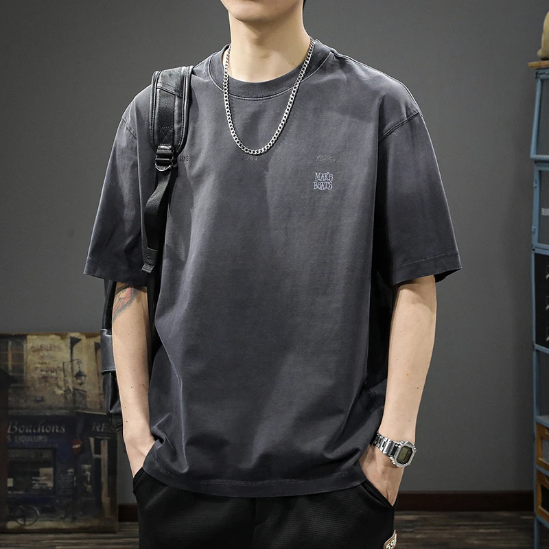 美式复古休闲短袖t恤男夏季重磅宽松大码潮流五分半袖男士纯棉T恤