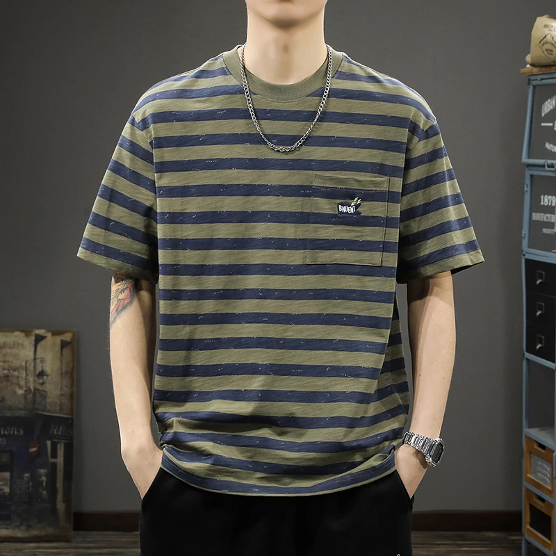 美式休闲重磅条纹短袖T恤男纯棉夏季圆领宽松大码男士潮t半袖体恤