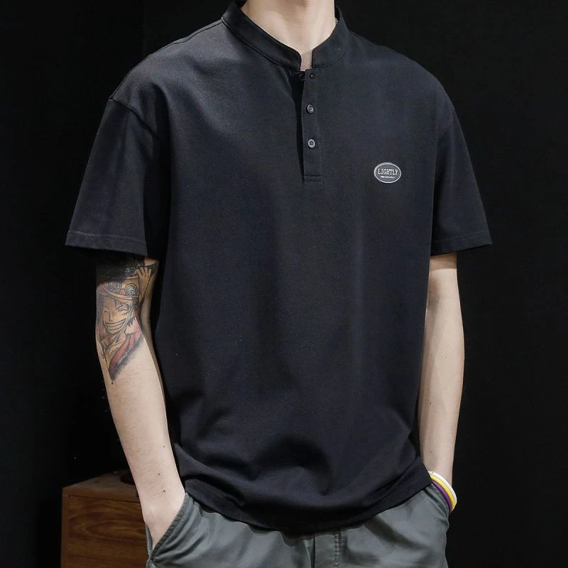 亨利领Polo衫男夏季宽松大码休闲百搭半袖翻领纯色男士短袖t恤ins