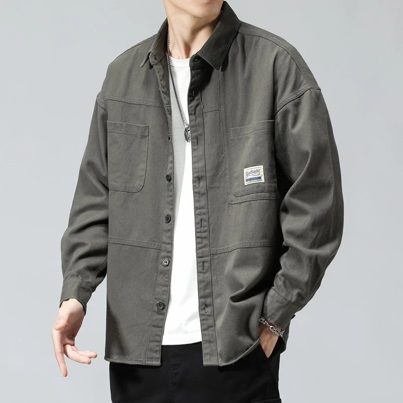 秋季美式纯棉长袖衬衫男宽松加大码潮牌休闲工装衬衣男士秋冬新款