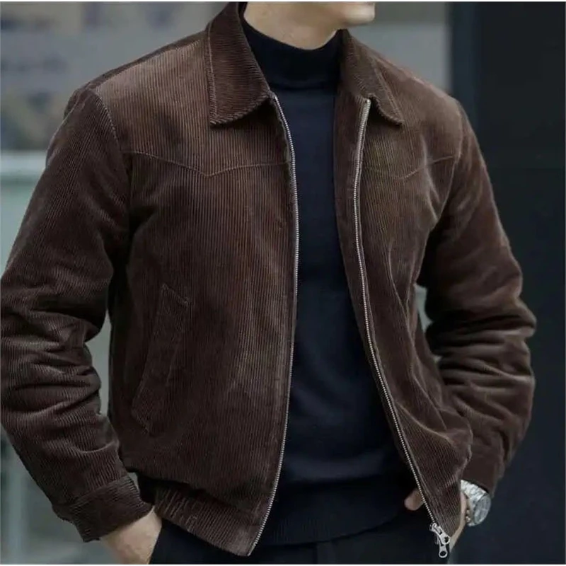 2025新款秋冬灯芯绒男士翻领保暖帅气上衣外套休闲潮流夹克衫青年