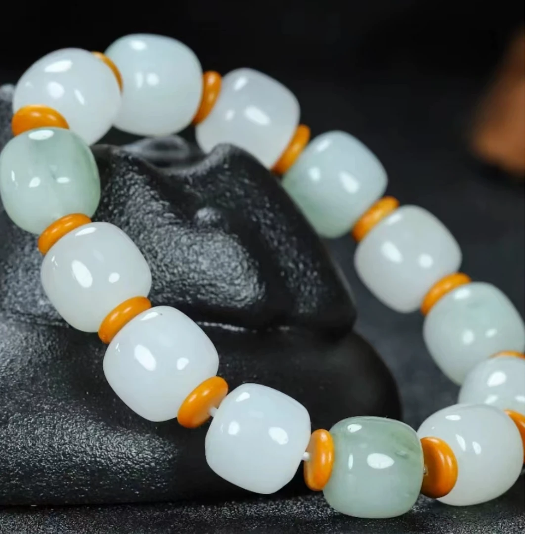 天然天山翠老型珠手串白底飘翠白月光时尚情侣渐变色玉手串单圈