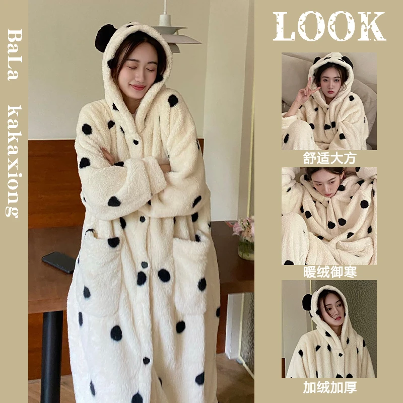 珊瑚绒睡衣女秋冬季加绒加厚长版连帽可爱圆点家居服睡袍冬款套装