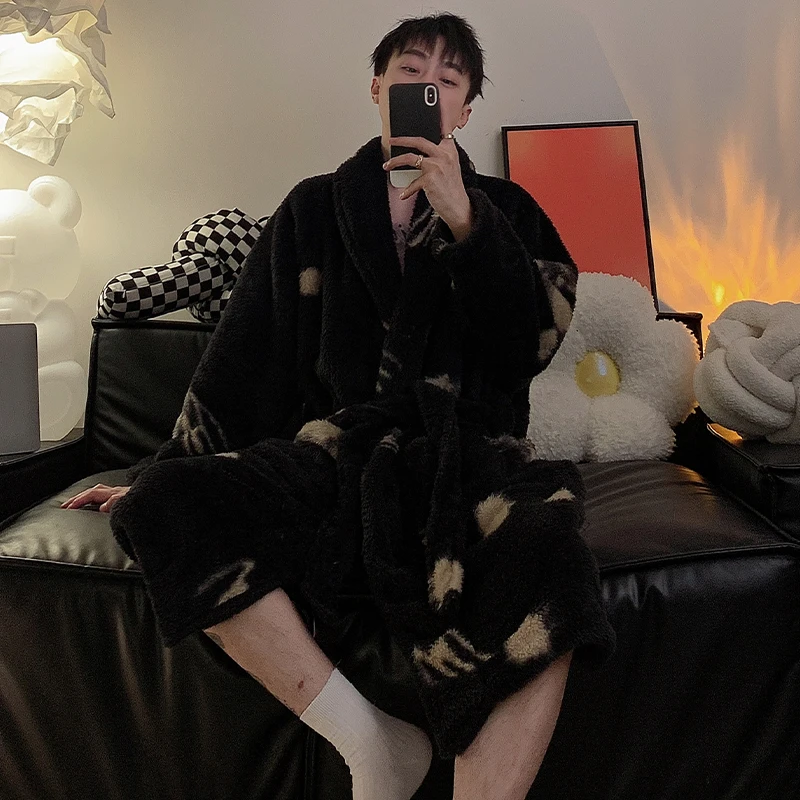 珊瑚绒睡衣男秋冬保暖睡袍2023新款法兰绒加绒加厚男款浴袍家居服