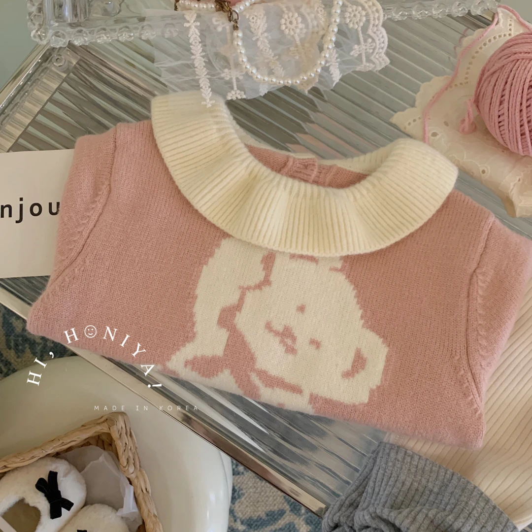 【小乖甜】三Hihoniya~2023秋冬粉色小熊撞色翻领毛衣