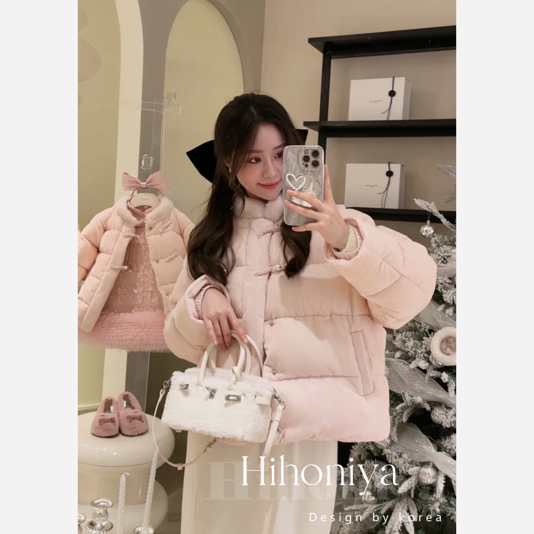 现【围炉煮雪】三Hihoniya~2023粉色盘扣汉服亲子羽绒