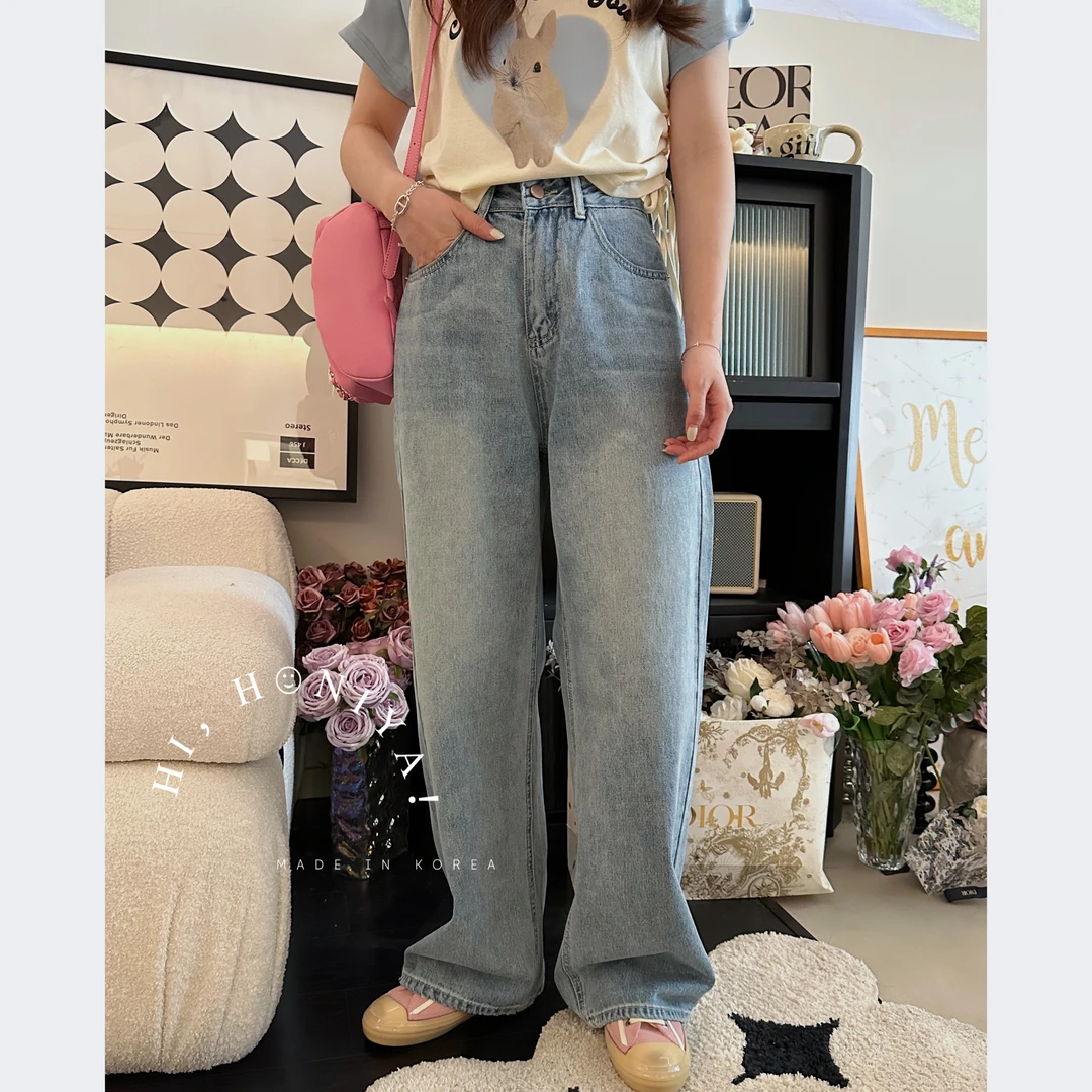 Hihoniya～2023新品浅蓝色牛仔阔腿裤