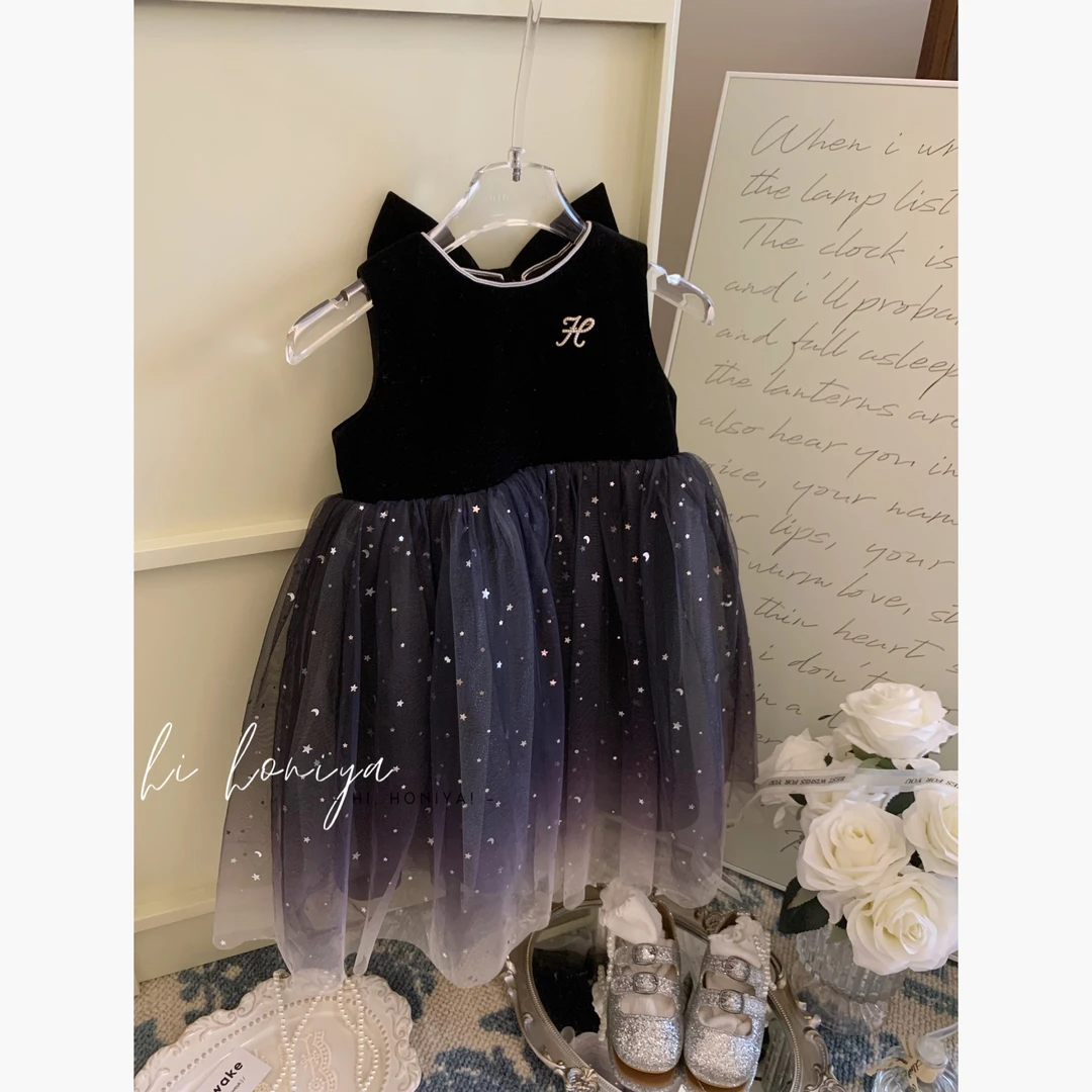 xian【星空夜】Hihoniya~2023新品黑色丝绒拼接网纱连衣裙韩版童装