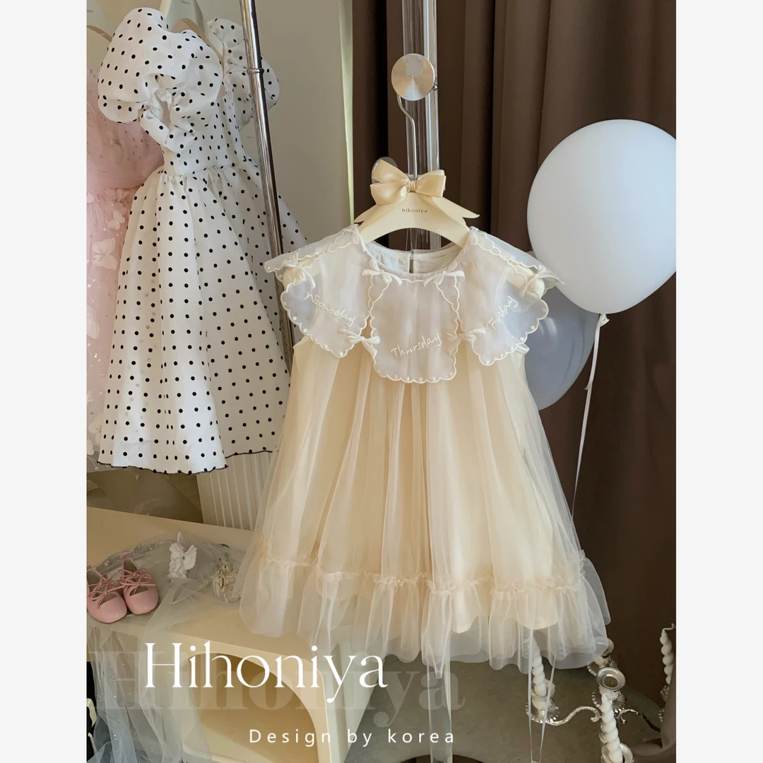 现【香槟】三Hihoniya~2024夏季香槟色网纱无袖公主连衣裙韩版童装
