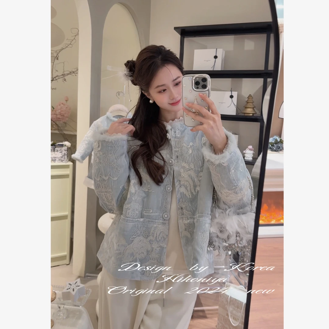 【温婉】三Hihoniya~2024冬季亲子款蓝色国风提花高级韩版外套