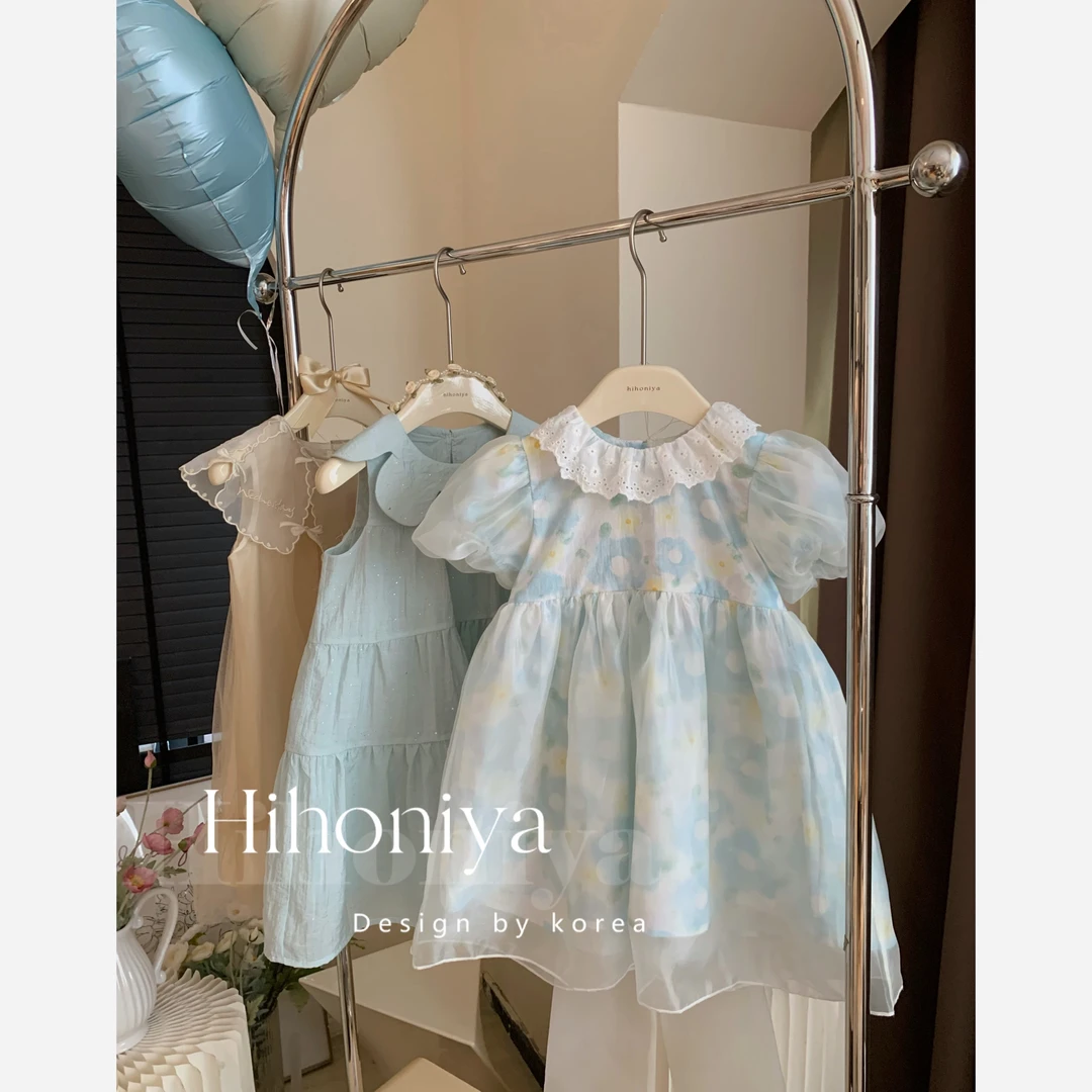 现【爱尔蓝】三Hihoniya~2024夏季蓝色太阳花蕾丝领儿童连衣裙韩